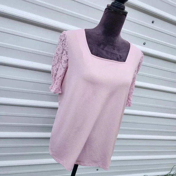 Adrianna Papell Pink Pullover Lace Short Sleeves Stretch Square Neck Top Shirt L - Picture 2 of 9